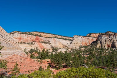 Scenic view of rocky mountains against clear blue sky