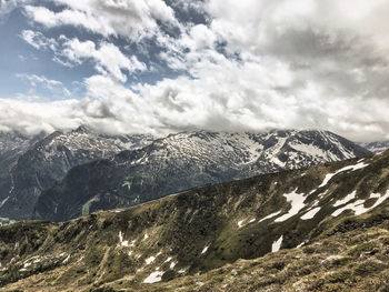 Scenic view of snowcapped mountains against sky