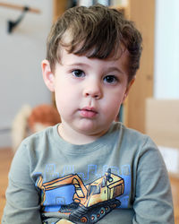 Portrait of a young boy of three playing with a toy in the living room