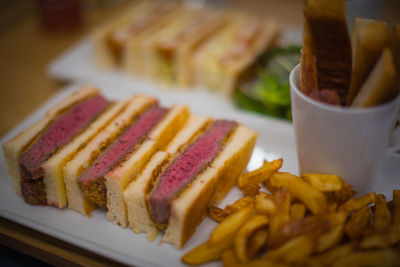 Close-up of dessert served on table
