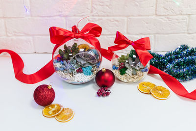 Close-up of christmas decoration on table