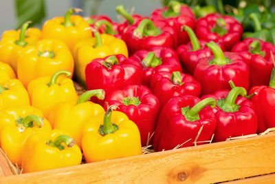 Close-up of yellow bell peppers for sale in market