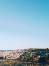 Scenic view of land against clear blue sky