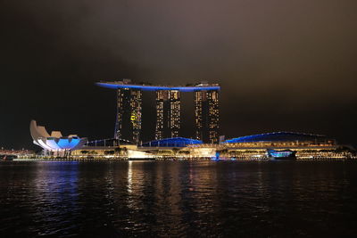 Illuminated city by river against sky at night