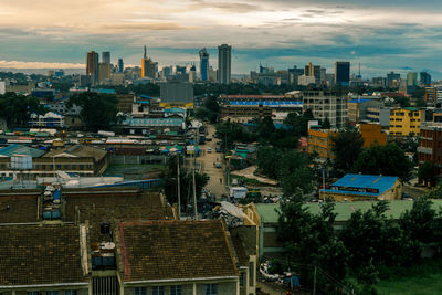 High angle view of buildings against sky