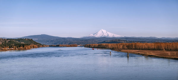 Scenic view of lake by snowcapped mountains against sky