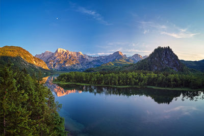 Scenic view of lake by mountains against sky