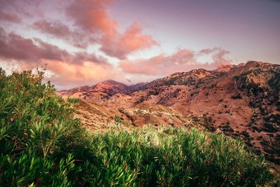 Scenic view of mountains against sky during sunset