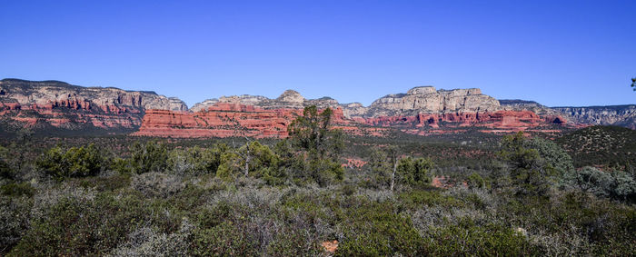 Panoramic desert landscape and mountains under blue sky