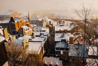 High angle view of buildings at old quebec during winter