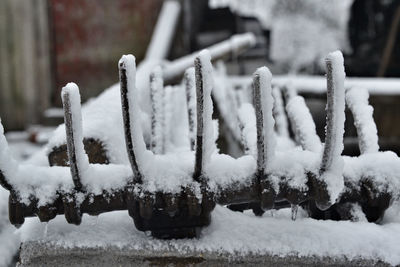Close-up of snow covered metal during winter