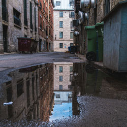 Reflection of buildings in puddle on street