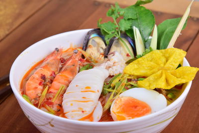 High angle view of food in plate on table