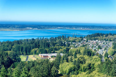 High angle view of trees by sea against clear sky