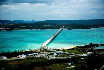 High angle view of bay against sky