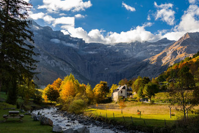 Stream flowing on field by rocky mountains against sky