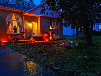 Illuminated house by trees on field at night