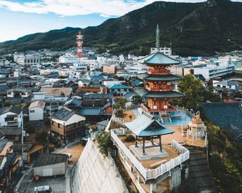 High angle view of buildings in city