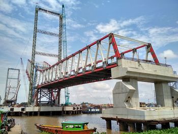 View of suspension bridge against cloudy sky