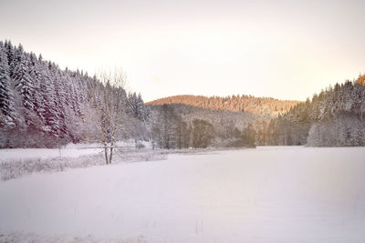 Snow covered field against sky