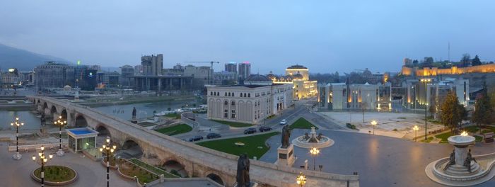 High angle view of city buildings at dusk