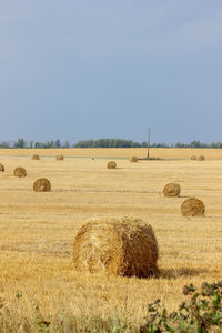 Hay bales on field against sky