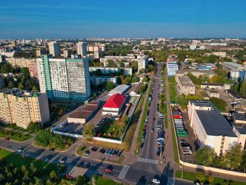 High angle view of street amidst buildings in city