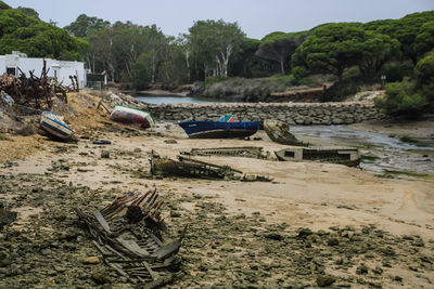 Boats moored on beach against sky