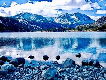 Scenic view of lake and snowcapped mountains against sky