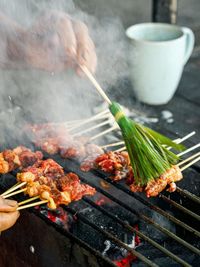 Close-up of meat on barbecue grill