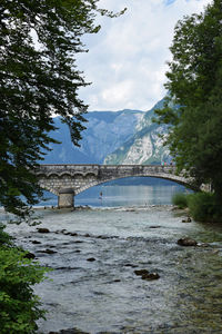 Bridge over lake against sky