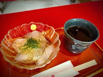 High angle view of dessert on table