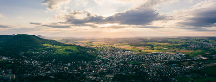 High angle view of townscape against sky during sunset