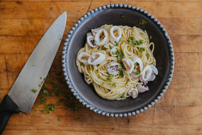 High angle view of food in plate on table