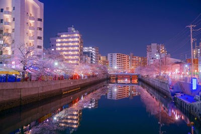 Illuminated buildings in city