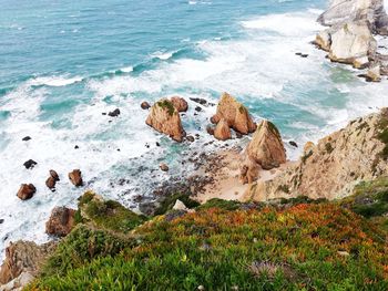 High angle view of rocks on sea shore