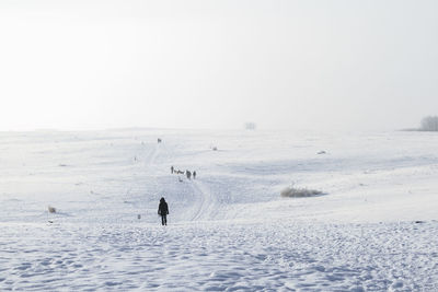 People walking on a snow covered landscape 