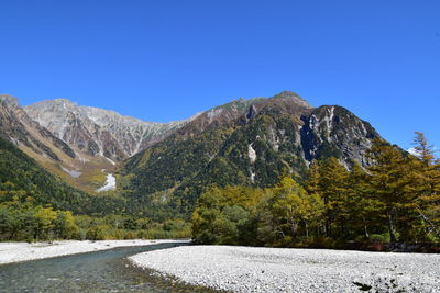 Scenic view of mountains against clear blue sky