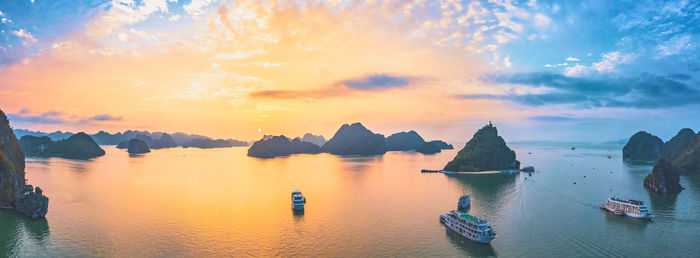 Aerial image of ha long bay at sunset.