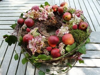 High angle view of fruits in basket on table