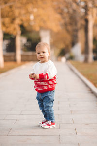 Cute baby girl 1-2 year old wearig casual stylish cloth walk in autumn park with fall leaves outdoor