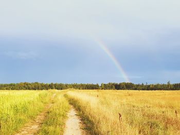 Scenic view of field against rainbow in sky