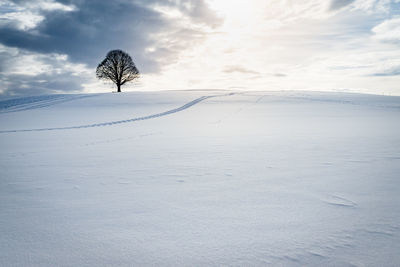 Scenic view of snow covered field against cloudy sky