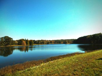 Scenic view of calm lake against clear sky