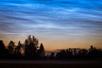 Silhouette trees on landscape against sky during sunset