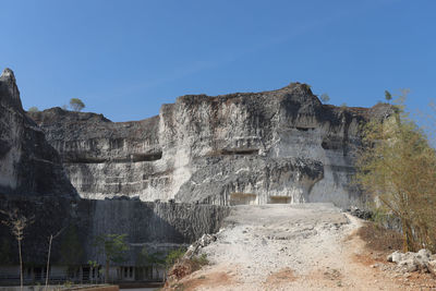 View of rock formations against clear blue sky