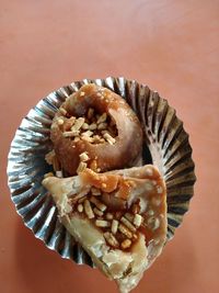 High angle view of dessert in plate on table