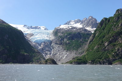 Scenic view of snowcapped mountains against clear sky