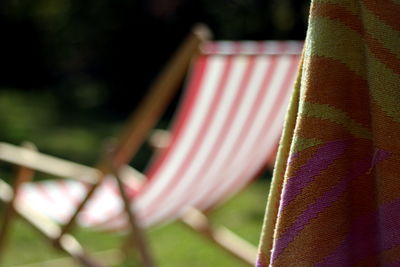 Close-up of multi colored deck chair