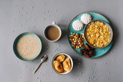 High angle view of breakfast served on table